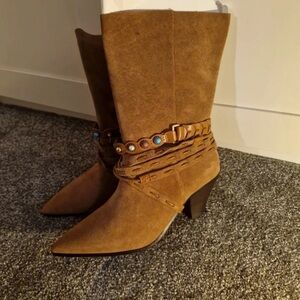 River Island Brown Heeled Boots with Embellished Straps